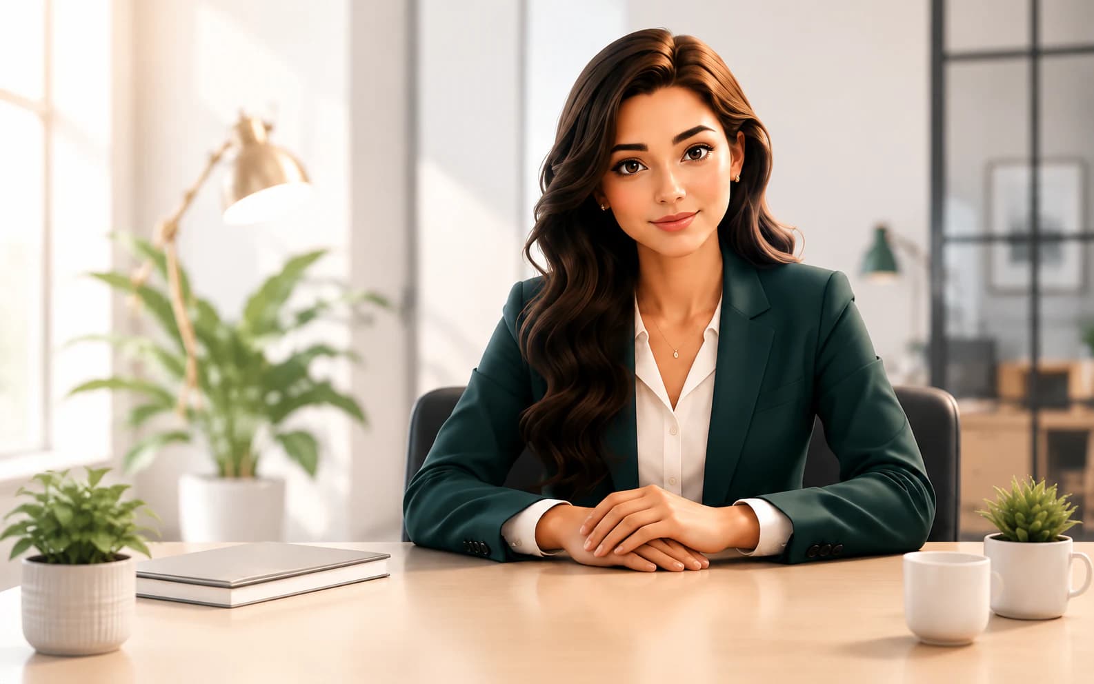 Maya, INXReady's fictional AI hiring interviewer, seated in a bright professional office